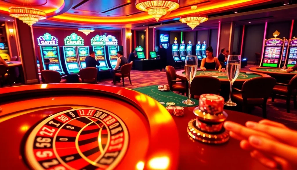 Experience the thrill of i9bet through an engaging casino scene with players, chips, and roulette.