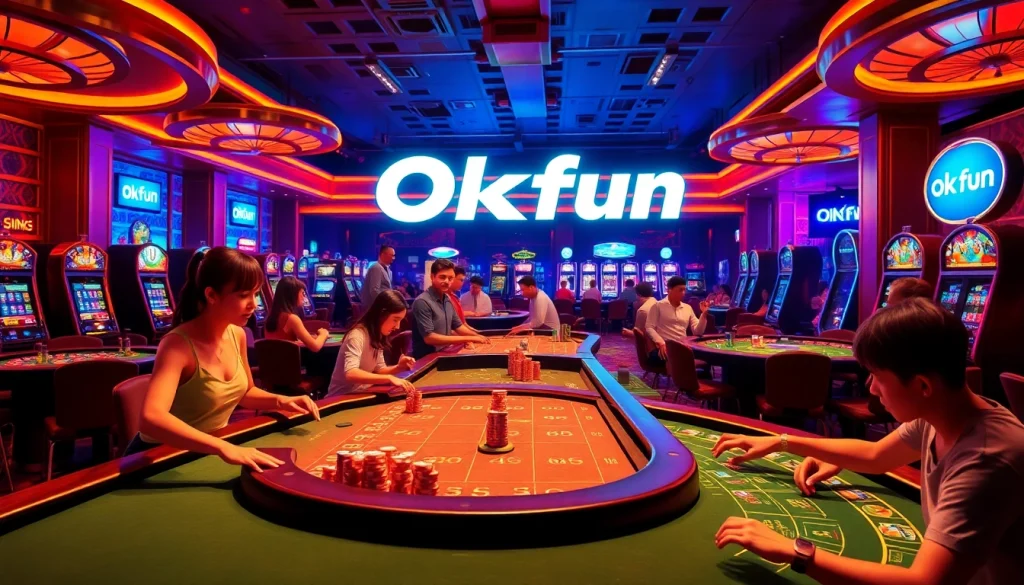 Experience the thrill of the casino with Okfun, featuring players at blackjack and poker tables, enjoying adrenaline-filled moments.