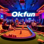 Experience the thrill of the casino with Okfun, featuring players at blackjack and poker tables, enjoying adrenaline-filled moments.